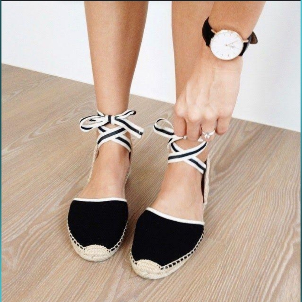 Soludos Lauren ankle wrap tie up canvas black and white espadrilles size 7
